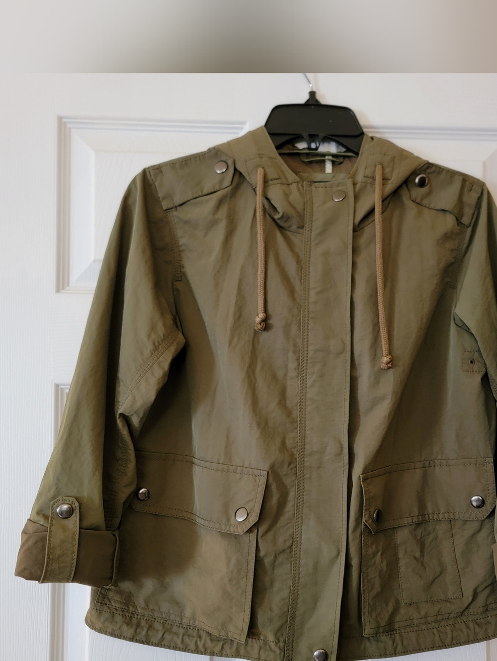 GAP Olive Green Utility Jacket Anorak Crop Hood Short Tab Sleeves